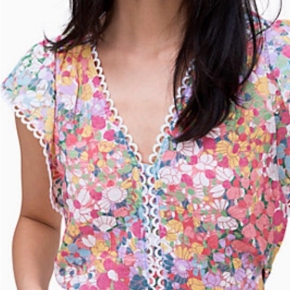Kate Spade Floral Burnout Top | V-Neck Lace Trim Multicolor Size M - Picture 2 of 7